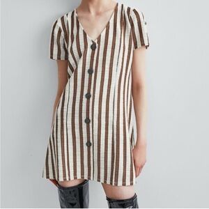ZARA TRAFALUC White Brown Striped Short Sleeve V-Neck Button Front Dress Size M